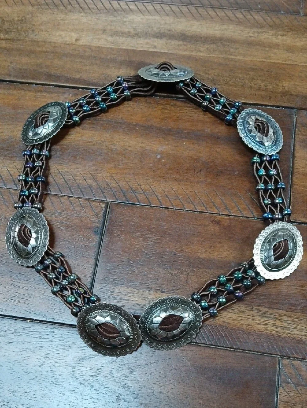 Brown Leather Western Concho Beaded Belt